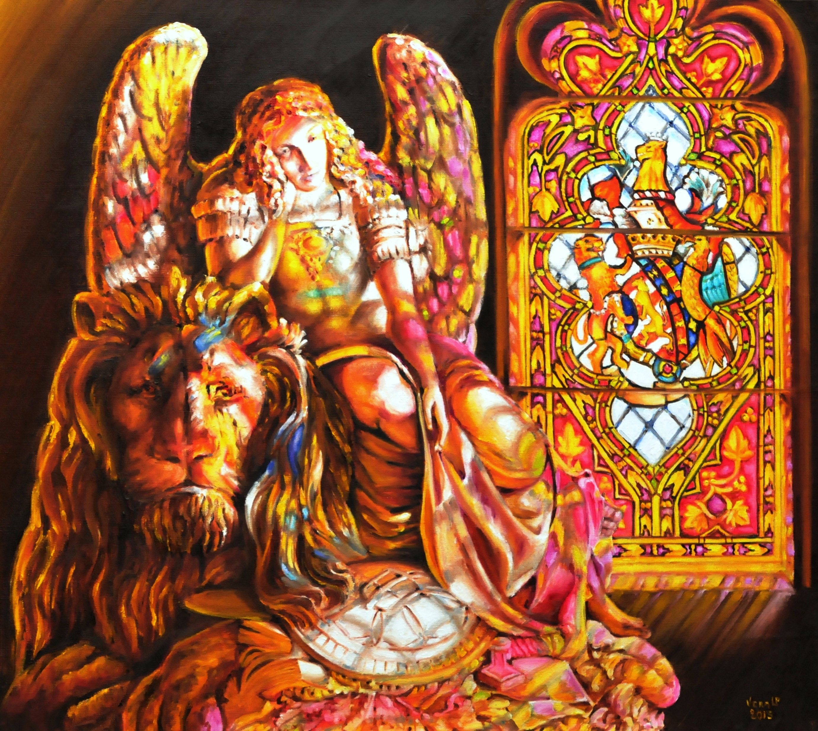 Dreaming angel sculpture and stained glass | Oil paint on linen | Year: 2013 | Dimensions: 80x90cm
