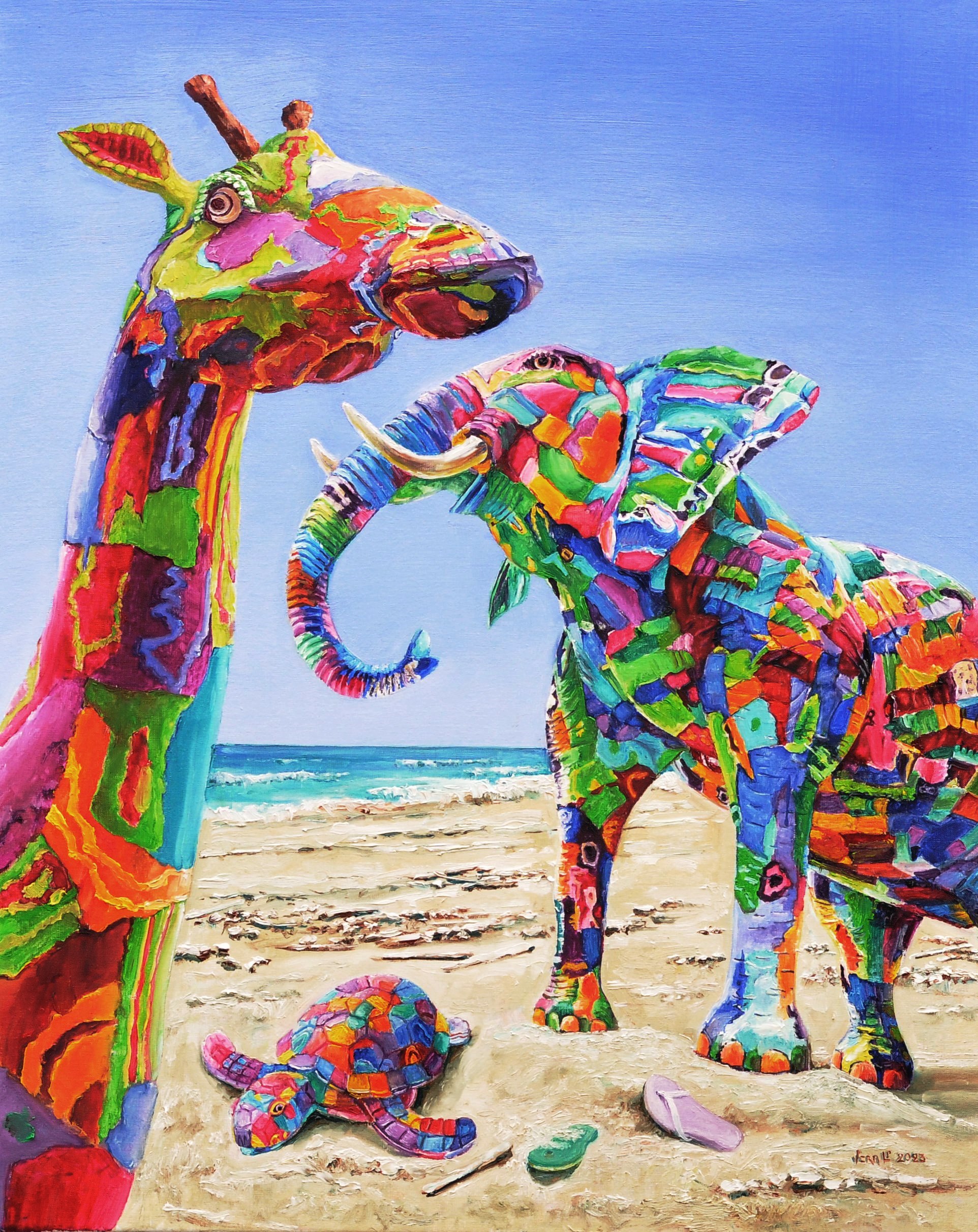 Flipflop (dieren gemaakt van gerecycleerde flipflops) | Olieverf op linnen | Jaar: 2023 | Afmetingen: 100x80cm