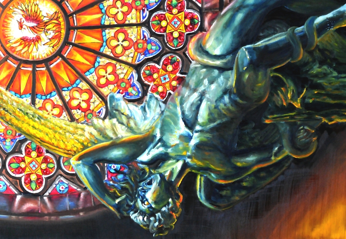 Lucifer and the Phoenix (bronze statue and stained glass) | Oil paint on linen | Year: 2014 | Dimensions: 100x70cm