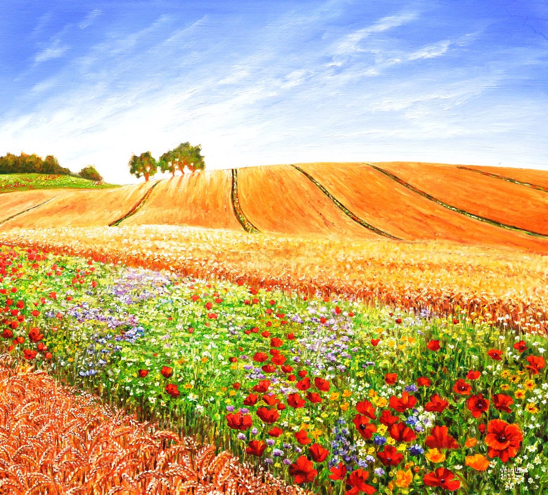 Flowerstrips between fields | Oil paint on linen | Year: 2022 | Dimensions: 80x90cm