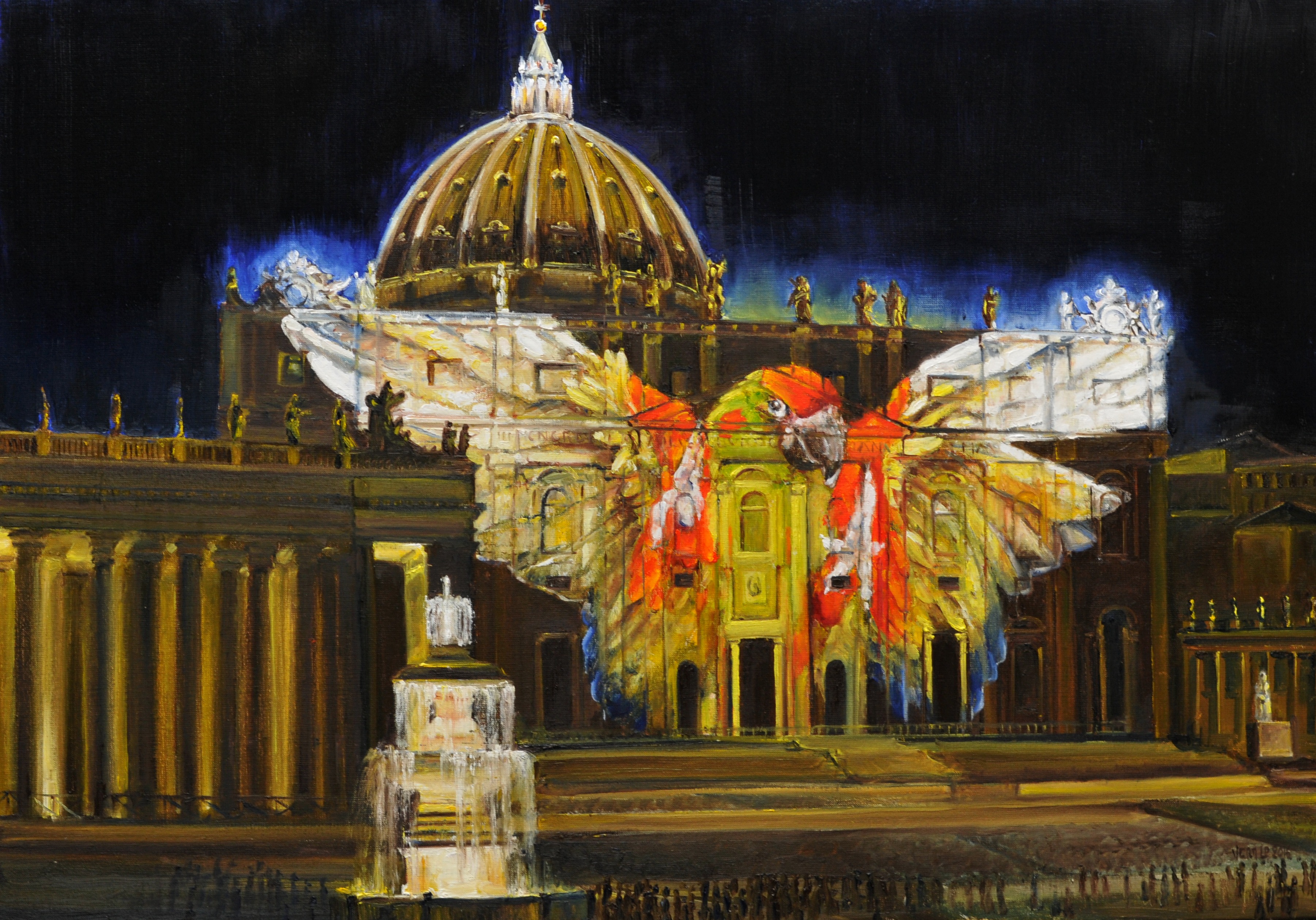 Fiat Lux (projection of endangered animals on St. Peter's Basilica Rome) |  Oil on linen | Year: 2016 | Dimensions: 70x100cm