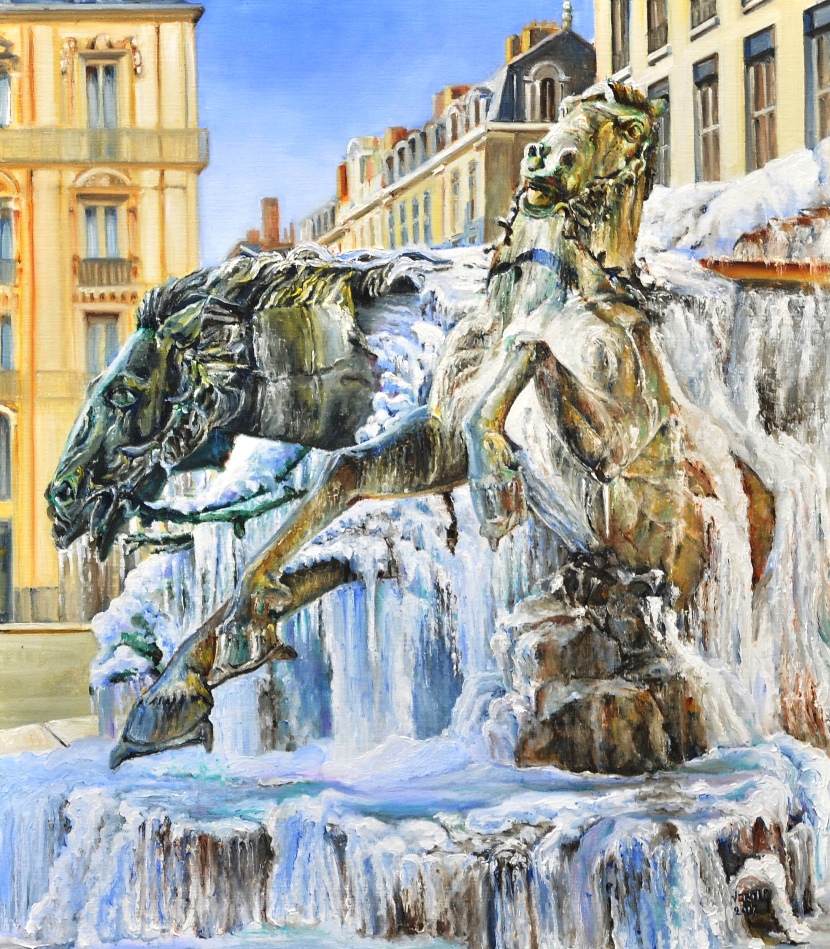 La fontaine Bartholdi gelee (Lyon) | Huile sur toile de lin | Année: 2017 | Dimensions: 80x90cm