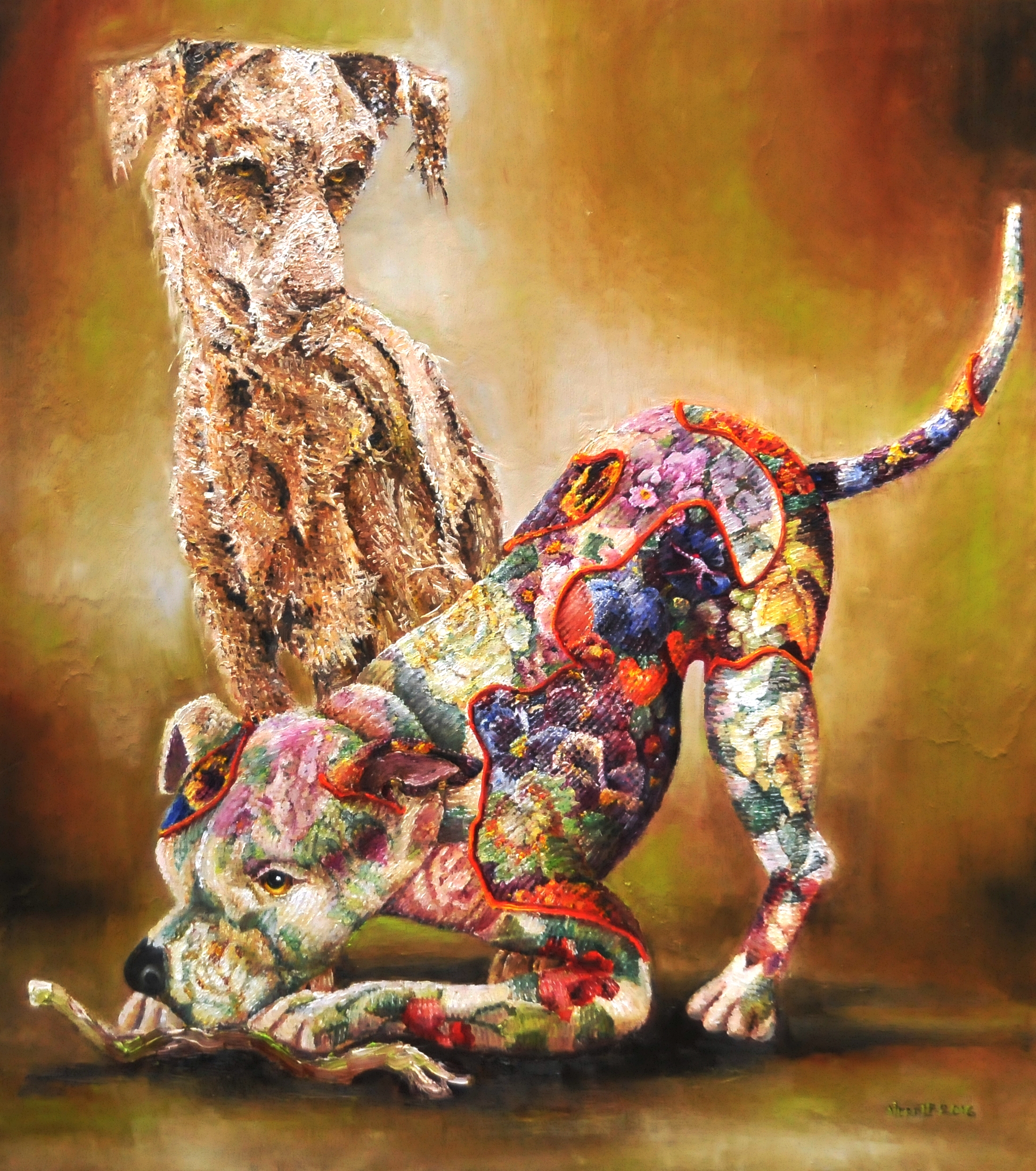 Textielsculpturen van twee honden | Olieverf op linnen | Jaar: 2016 | Afmetingen: 90x80cm