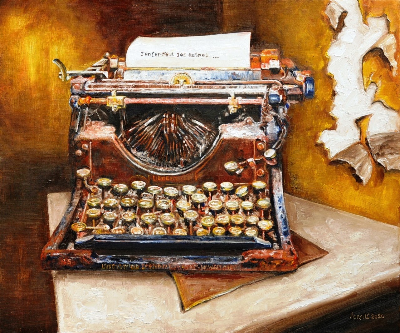 Vieille machine à écrire (L'enfer c'est les autres) | Huile sur toile de lin | Année: 2020 | Dimensions: 50x60cm