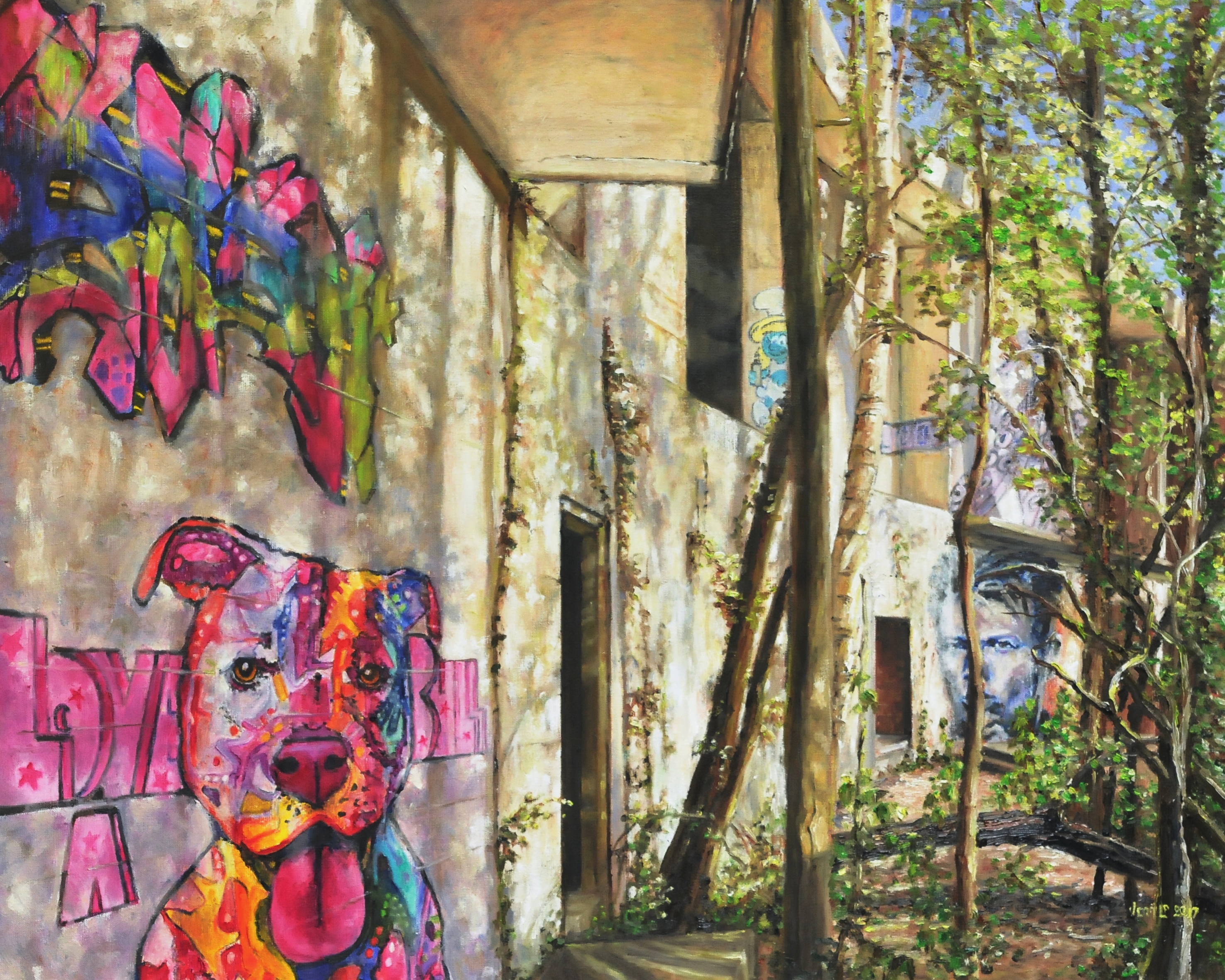 Hôtel hanté (ruine abandonnée couverte de graffitis et de peintures murales à Malines, Belgique) | Huile sur toile de lin | Année: 2017 | Dimensions: 80x100cm