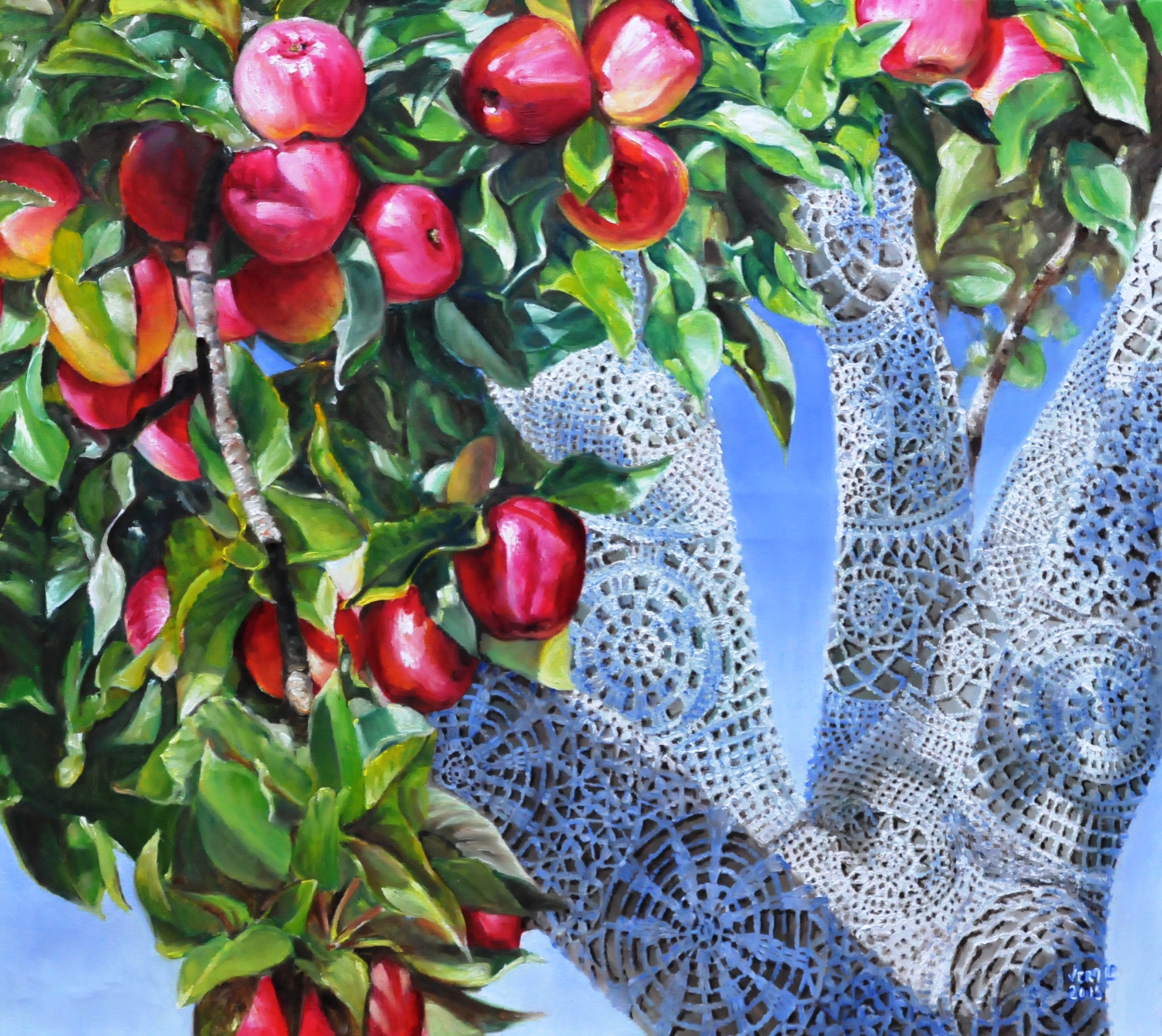 Appelboom, versierd met onderleggertjes | Olieverf op linnen | Jaar: 2015 | Afmetingen: 120x100cm