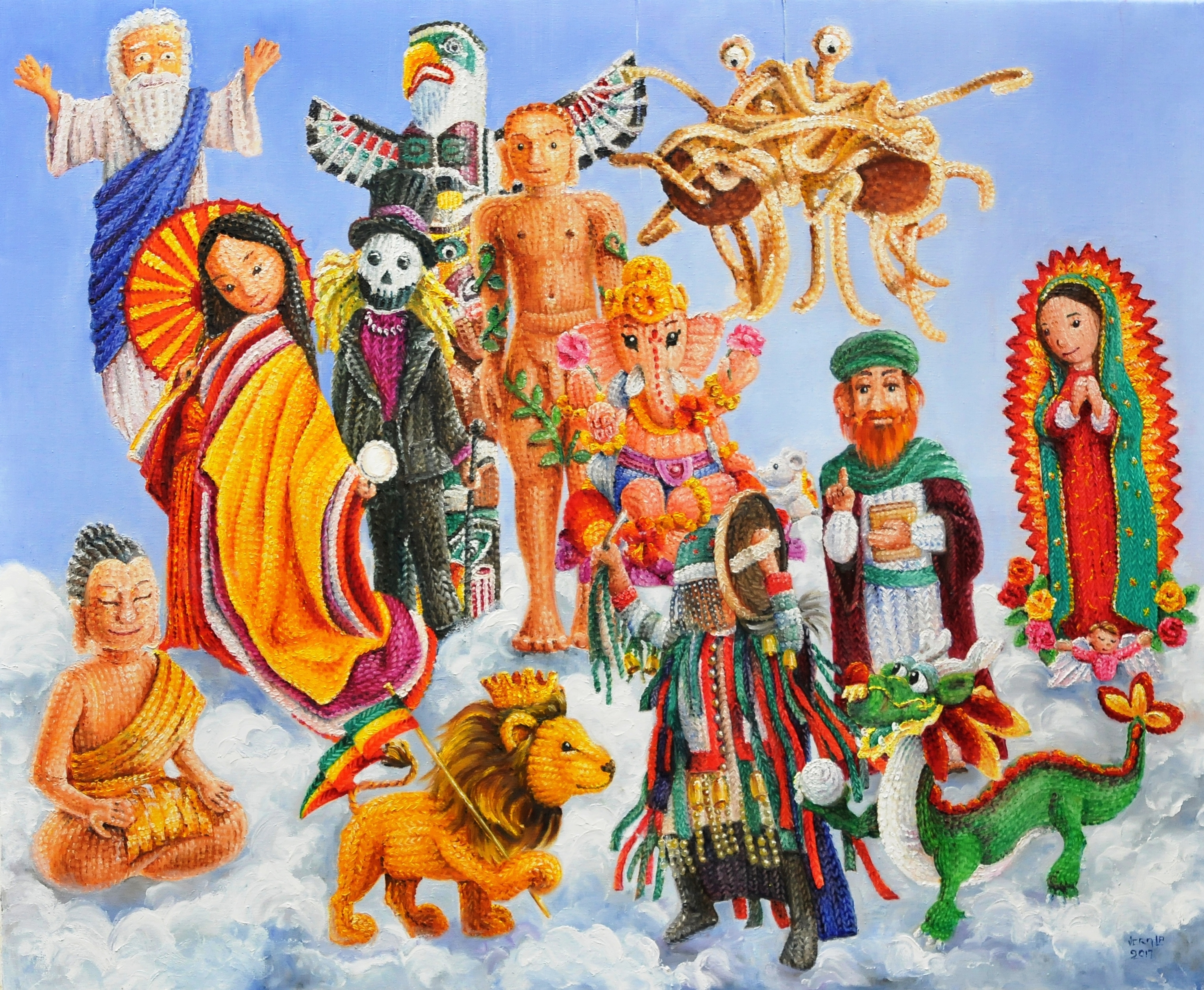 Knitted and crochet religeous puppets (JHWH, totempaal, Spagettimonster,Amaterasu, Baron Samedi, Jain profeet, Ganesha, Onze lieve Vrouw van Guadeloup, Buda, Leeuw van zion, Sjamaan, Chinese draak) | Oil paint on linen | Year: 2017 | Dimensions: 90x110cm