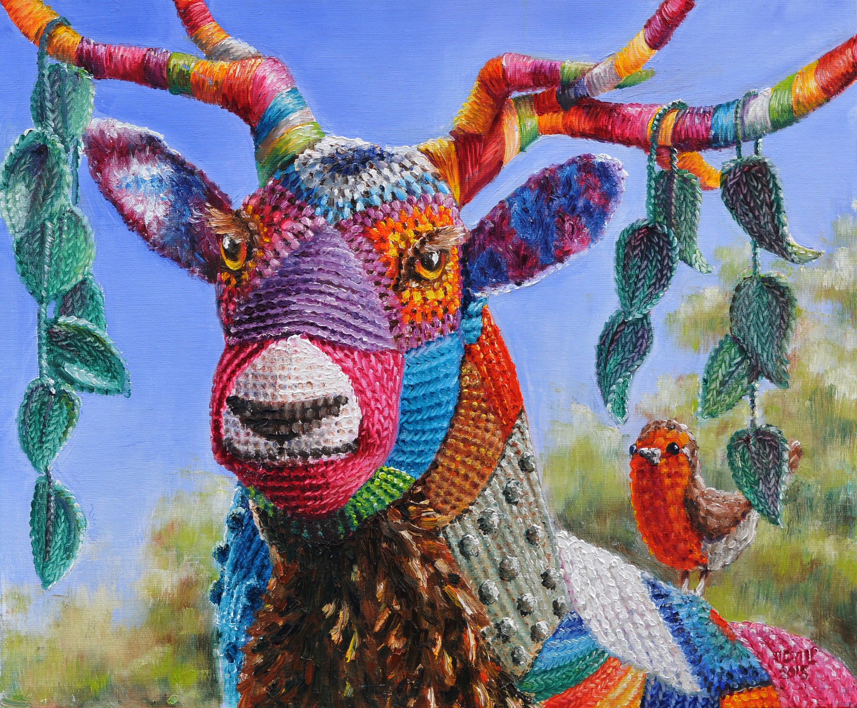 Yarn bombed deer | Oil paint on linen | Year: 2015 | Dimensions: 50x60cm