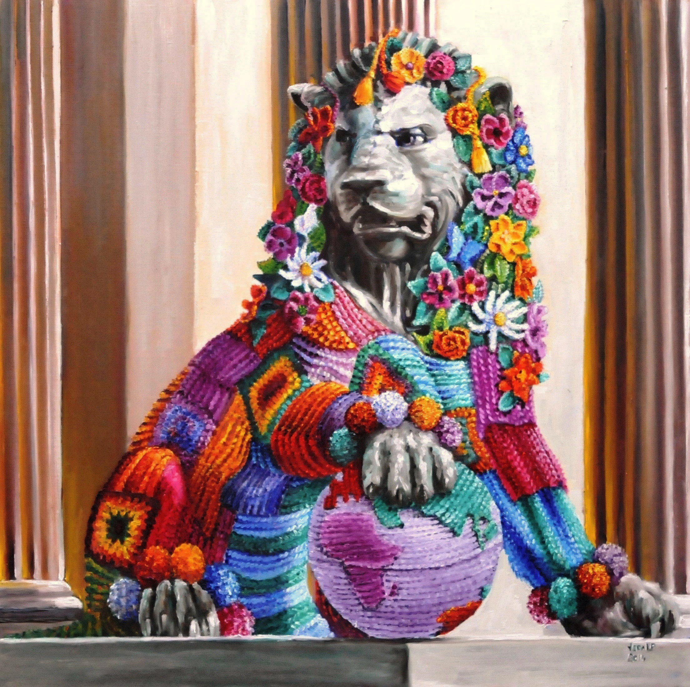 Guerrilla tricot : Lion dangereux | Huile sur toile de lin | Année: 2014 | Dimensions: 90x90cm