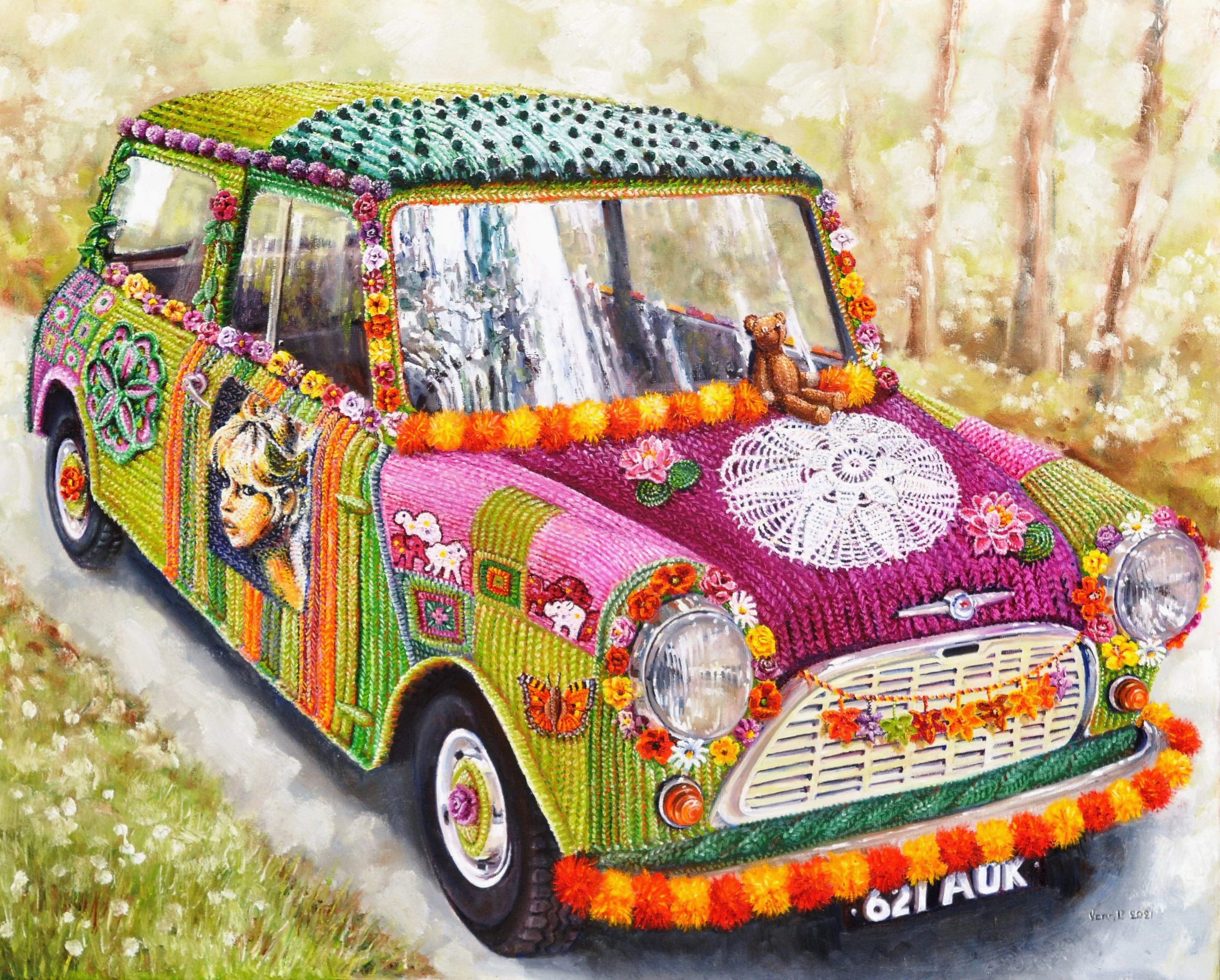 Mini Cooper 1959, yarn bombed | Oil paint on linen | Year: 2021 | Dimensions: 80X100cm